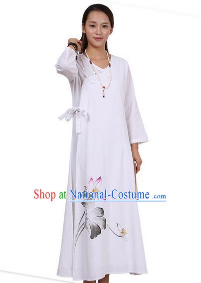 Top Chinese Traditional Costume Tang Suit Linen Qipao Dress, Pulian Zen Clothing Republic of China Cheongsam Painting White Long Dress for Women