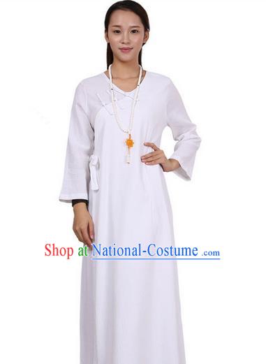 Top Chinese Traditional Costume Tang Suit Linen Qipao Dress, Pulian Zen Clothing Republic of China Cheongsam White Long Dress for Women