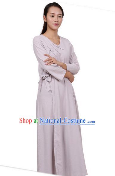 Top Chinese Traditional Costume Tang Suit Linen Qipao Dress, Pulian Zen Clothing Republic of China Cheongsam Grey Long Dress for Women