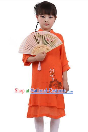 Top Chinese Traditional Costume Tang Suit Linen Qipao Children Dress, Pulian Zen Clothing Republic of China Cheongsam Orange Painting Lotus Dress for Kids