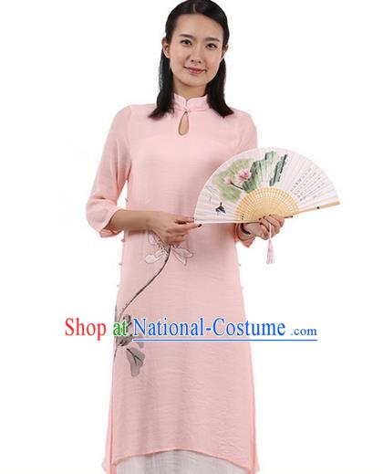 Top Chinese Traditional Costume Tang Suit Linen Double-deck Qipao Dress, Pulian Zen Clothing Republic of China Cheongsam Upper Outer Garment Painting Lotus Pink Dress for Women