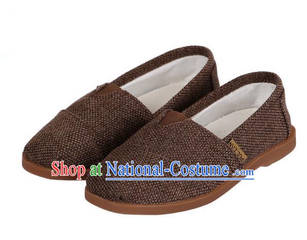 Top Chinese Traditional Linen Kong Fu Shoes, Pulian Zen Shoes China Martial Art Brown Cloth Shoe for Men