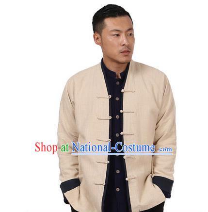 Traditional Chinese Kung Fu Costume Martial Arts Linen Beige Plated Buttons Coats Pulian Meditation Clothing, China Tang Suit Jackets Wushu Taiji Clothing for Men