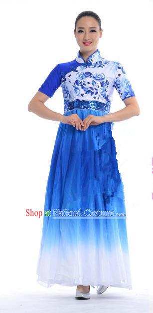 Chinese Classic Stage Performance Chorus Singing Group Costumes, Opening Dance Competition Blue Dress, Classic Dance Clothing for Women