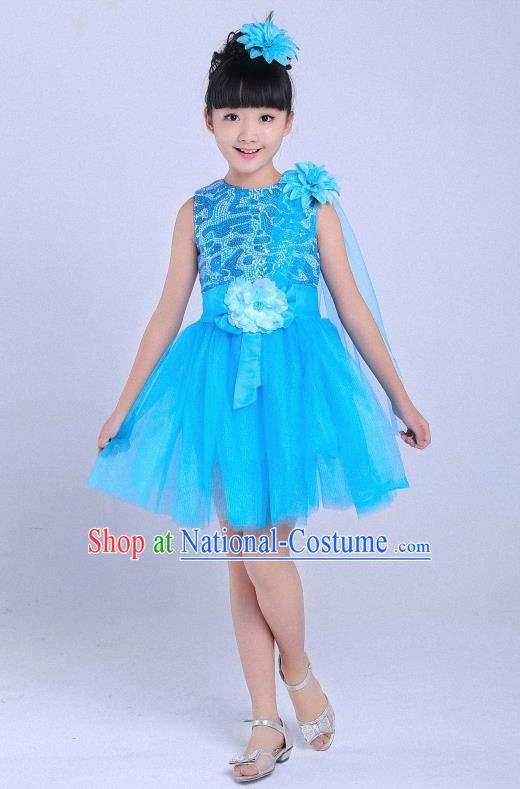 Top Grade Professional Performance Catwalks Costume, Children Chorus Modern Dance Blue Paillette Bubble Dress for Girls Kids