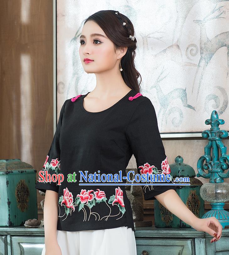 Traditional Chinese National Costume, Elegant Hanfu Embroidery Flowers Round Collar Black T-Shirt, China Tang Suit Republic of China Plated Buttons Chirpaur Blouse Cheong-sam Upper Outer Garment Qipao Shirts Clothing for Women