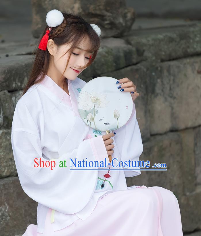 Traditional Ancient Chinese Costume, Elegant Hanfu Clothing Embroidered Slant Opening Pink Blouse, China Tang Dynasty Princess Elegant Blouse for Women