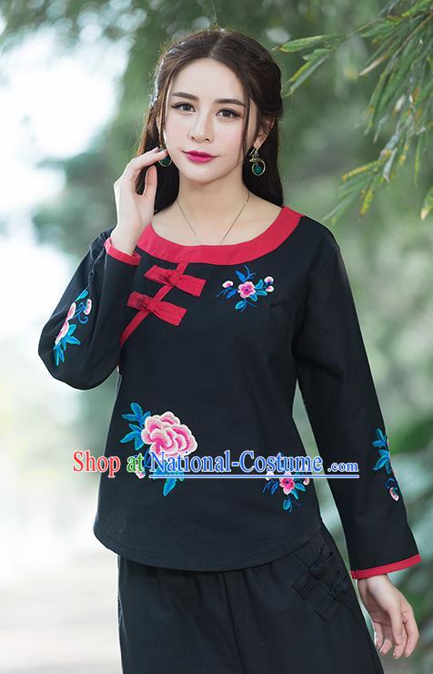 Traditional Chinese National Costume, Elegant Hanfu Linen Embroidery Flowers Round Collar Black T-Shirt, China Tang Suit Republic of China Plated Buttons Chirpaur Blouse Cheong-sam Upper Outer Garment Qipao Shirts Clothing for Women