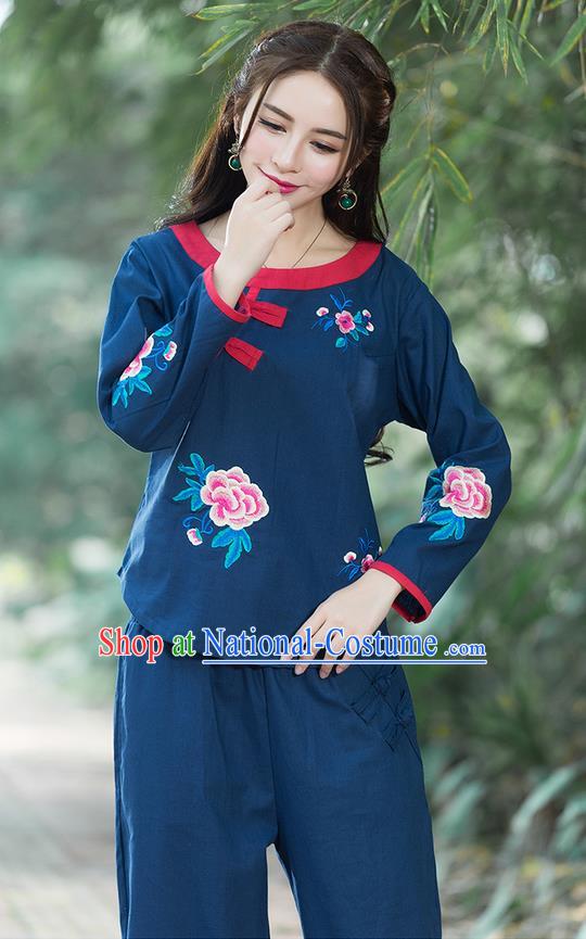 Traditional Chinese National Costume, Elegant Hanfu Linen Embroidery Flowers Round Collar Navy T-Shirt, China Tang Suit Republic of China Plated Buttons Chirpaur Blouse Cheong-sam Upper Outer Garment Qipao Shirts Clothing for Women