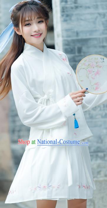 Traditional Ancient Chinese Costume, Elegant Hanfu Clothing Embroidered Slant Opening White Blouse, China Tang Dynasty Princess Elegant Blouse for Women