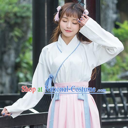 Traditional Ancient Chinese Costume, Elegant Hanfu Clothing Embroidered Slant Opening White Blouse, China Tang Dynasty Princess Elegant Blouse for Women