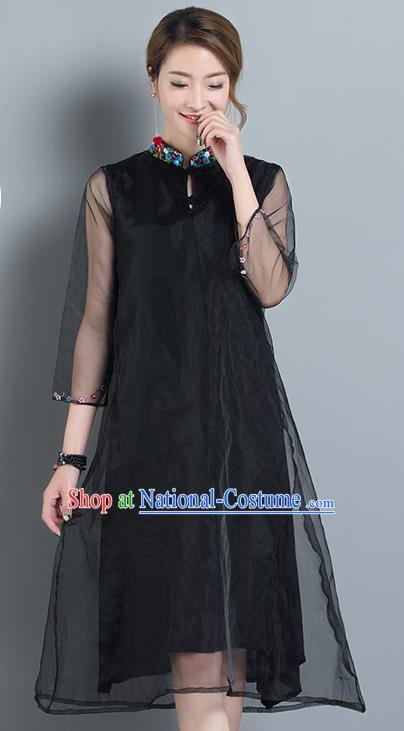 Traditional Ancient Chinese National Costume, Elegant Hanfu Mandarin Qipao Organza Black Dress, China Tang Suit Chirpaur Cheongsam Upper Outer Garment Elegant Dress Clothing for Women