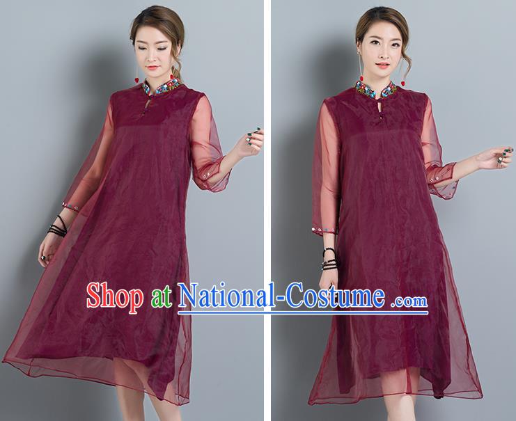 Traditional Ancient Chinese National Costume, Elegant Hanfu Mandarin Qipao Organza Red Dress, China Tang Suit Chirpaur Cheongsam Upper Outer Garment Elegant Dress Clothing for Women