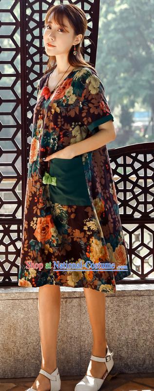 Traditional Ancient Chinese National Costume, Elegant Hanfu Mandarin Qipao Ink Painting Coffee Dress, China Tang Suit Chirpaur Upper Outer Garment Elegant Dress Clothing for Women