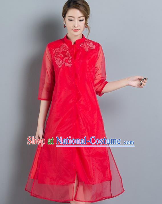 Traditional Ancient Chinese National Costume, Elegant Hanfu Mandarin Qipao Red Embroidery Dress, China Tang Suit Chirpaur Upper Outer Garment Elegant Dress Clothing for Women