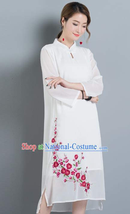 Traditional Ancient Chinese National Costume, Elegant Hanfu Stand Collar Embroidery White Dress, China Tang Suit Chirpaur Elegant Dress Clothing for Women