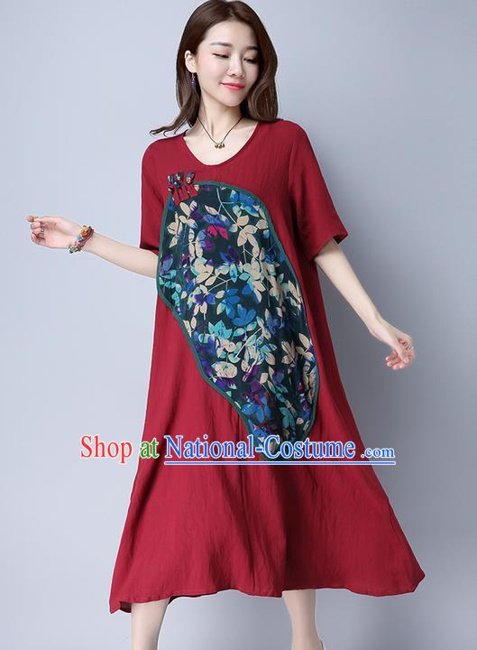 Traditional Ancient Chinese National Costume, Elegant Hanfu Linen Patch Embroidered Red Dress, China Tang Suit Chirpaur Cheongsam Elegant Dress Clothing for Women