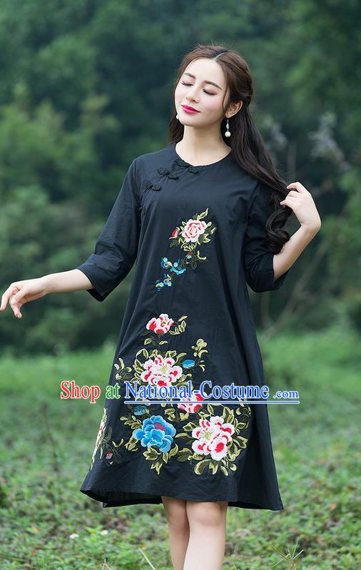 Traditional Ancient Chinese National Costume, Elegant Hanfu Embroidered Black Dress, China Tang Suit Chirpaur Cheongsam Elegant Dress Clothing for Women