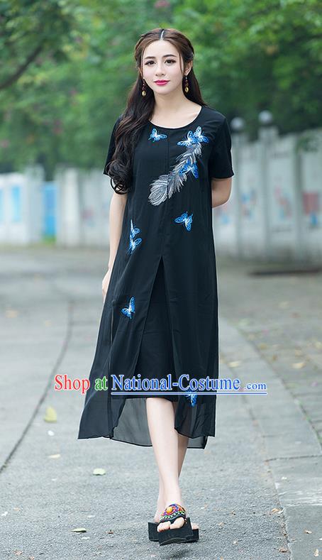 Traditional Ancient Chinese National Costume, Elegant Hanfu Embroidered Black Big Swing Dress, China Tang Suit Chirpaur Cheongsam Elegant Dress Clothing for Women