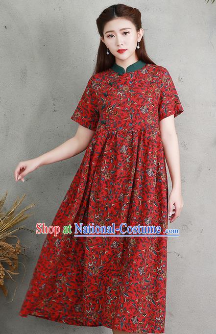 Traditional Ancient Chinese National Costume, Elegant Hanfu Printing Red Big Swing Dress, China Tang Suit Chirpaur Cheongsam Elegant Dress Clothing for Women