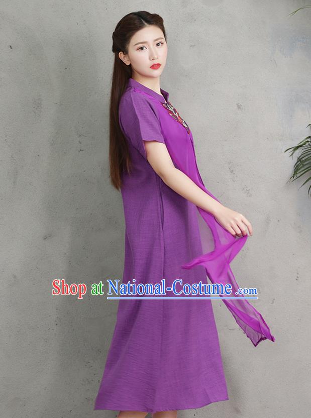 Traditional Ancient Chinese National Costume, Elegant Hanfu Embroidery Purple Stand Collar Dress, China Tang Suit Chirpaur Upper Outer Garment Elegant Dress Clothing for Women