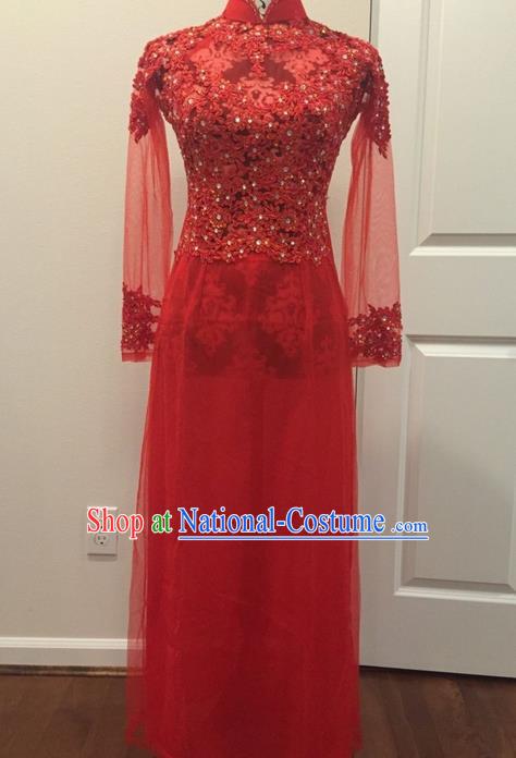 Top Grade Asian Vietnamese Traditional Dress, Vietnam National Female Ao Dai Dress, Vietnam Bride Red Lace Cheongsam Wedding Clothing for Women