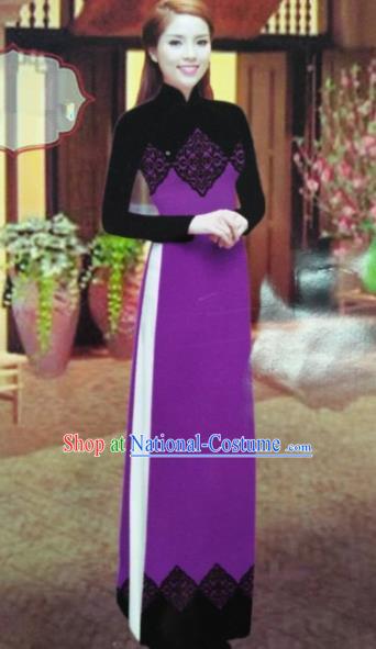 Traditional Top Grade Asian Vietnamese Dress, Vietnam National Female Ao Dai Dress Women Purple Printing Suit Cheongsam Clothing