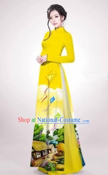 Traditional Top Grade Asian Vietnamese Costumes Dance Dress, Vietnam National Female Handmade Queen Printing Yellow Ao Dai Dress Cheongsam Clothing for Women