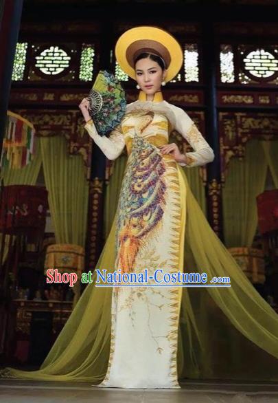 Traditional Top Grade Asian Vietnamese Costumes Classical Printing Peacock Full Dress, Vietnam National Ao Dai Dress Catwalks Princess Ginger Qipao for Women