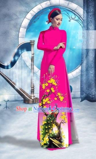 Traditional Top Grade Asian Vietnamese Costumes Classical Printing Peacock Full Dress, Vietnam National Ao Dai Dress Catwalks Debutante Rosy Qipao for Women