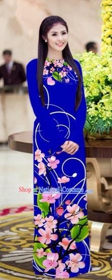 Traditional Top Grade Asian Vietnamese Costumes Classical Printing Peach Blossom Princess Full Dress, Vietnam National Ao Dai Dress Royalblue Cheongsam for Women