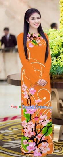 Traditional Top Grade Asian Vietnamese Costumes Classical Printing Peach Blossom Princess Full Dress, Vietnam National Ao Dai Dress Orange Cheongsam for Women