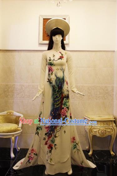 Traditional Top Grade Asian Vietnamese Costumes Classical Printing Peacock Full Dress, Vietnam National Ao Dai Dress Catwalks Debutante Queen White Qipao for Women