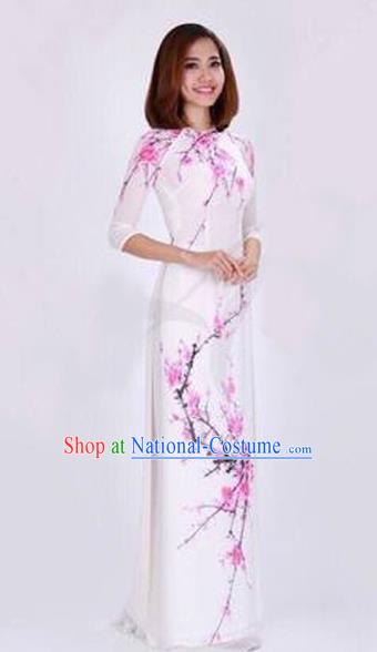 Traditional Top Grade Asian Vietnamese Costumes Classical Princess Painting Wintersweet Full Dress, Vietnam National Ao Dai Dress White Cheongsam for Women