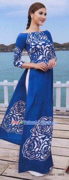 Traditional Top Grade Asian Vietnamese Costumes Classical Princess Painting Full Dress, Vietnam National Ao Dai Dress Blue Cheongsam for Women