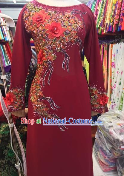 Traditional Top Grade Asian Vietnamese Costumes Classical Embroidering Flower Cheongsam, Vietnam National Red Ao Dai Dress for Women