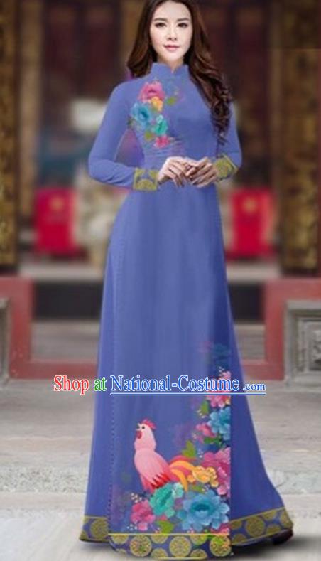 Traditional Top Grade Asian Vietnamese Costumes Classical Rooster Year Cheongsam, Vietnam National Ao Dai Dress Princess Dusty Blue Full Dress for Women