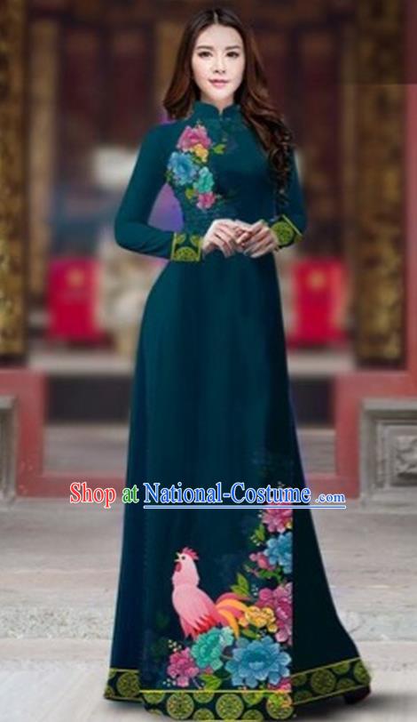 Traditional Top Grade Asian Vietnamese Costumes Classical Rooster Year Cheongsam, Vietnam National Ao Dai Dress Princess Atrovirens Full Dress for Women