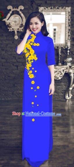 Traditional Top Grade Asian Vietnamese Costumes Classical Princess Printing Cheongsam, Vietnam National Vietnamese Bride Wedding Blue Ao Dai Dress for Women