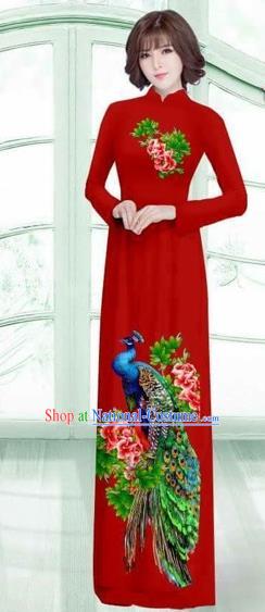 Traditional Top Grade Asian Vietnamese Costumes Classical Printing Peacock Cheongsam, Vietnam National Vietnamese Young Lady Purplish Red Ao Dai Dress