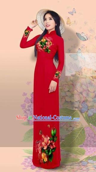 Traditional Top Grade Asian Vietnamese Costumes Classical 3D Printing Cheongsam, Vietnam National Vietnamese Young Lady Miss Etiquette Purplish Red Ao Dai Dress