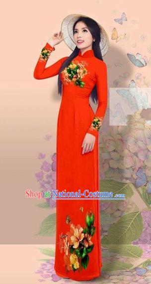 Traditional Top Grade Asian Vietnamese Costumes Classical 3D Printing Cheongsam, Vietnam National Vietnamese Young Lady Miss Etiquette Red Ao Dai Dress