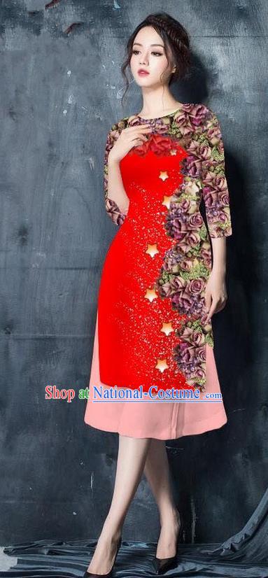 Traditional Top Grade Asian Vietnamese Costumes Classical Printing Red Cheongsam, Vietnam National Vietnamese Bride Ao Dai Dress for Women