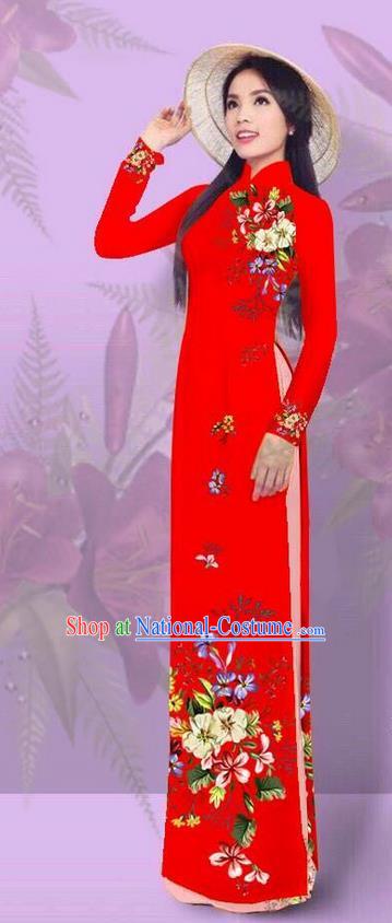 Top Grade Asian Vietnamese Costumes Classical Jing Nationality Printing Red Cheongsam, Vietnam National Vietnamese Traditional Princess Ao Dai Dress for Women