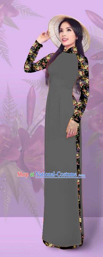 Top Grade Asian Vietnamese Costumes Classical Jing Nationality Printing Grey Cheongsam, Vietnam National Vietnamese Traditional Princess Ao Dai Dress for Women