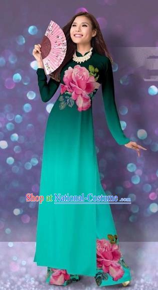 Traditional Top Grade Asian Vietnamese Costumes Classical Printing Cheongsam, Vietnam National Vietnamese Princess Green Ao Dai Dress Dance Clothing