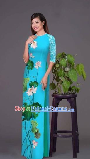 Traditional Top Grade Asian Vietnamese Costumes Classical Printing Lotus Blue Cheongsam, Vietnam National Vietnamese Princess Bride Korean Silk Ao Dai Dress