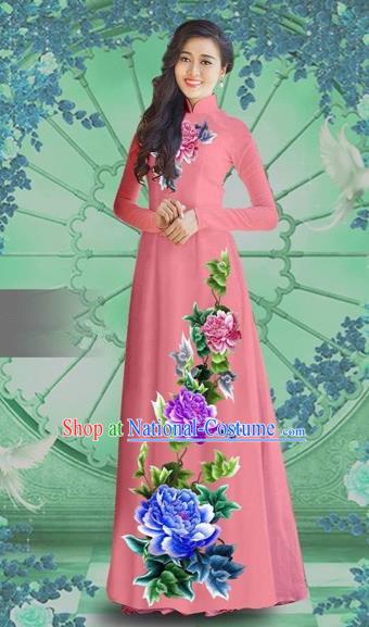 Traditional Top Grade Asian Vietnamese Costumes Classical Printing Watermelon Red Chiffon Cheongsam, Vietnam National Vietnamese Bride Ao Dai Dress