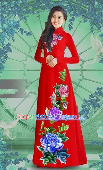 Traditional Top Grade Asian Vietnamese Costumes Classical Printing Red Chiffon Cheongsam, Vietnam National Vietnamese Bride Ao Dai Dress