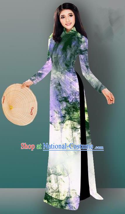 Top Grade Asian Vietnamese Costumes Classical Jing Nationality Gradient Watercolor Printing Deep Green Cheongsam, Vietnam National Vietnamese Traditional Princess Ao Dai Dress